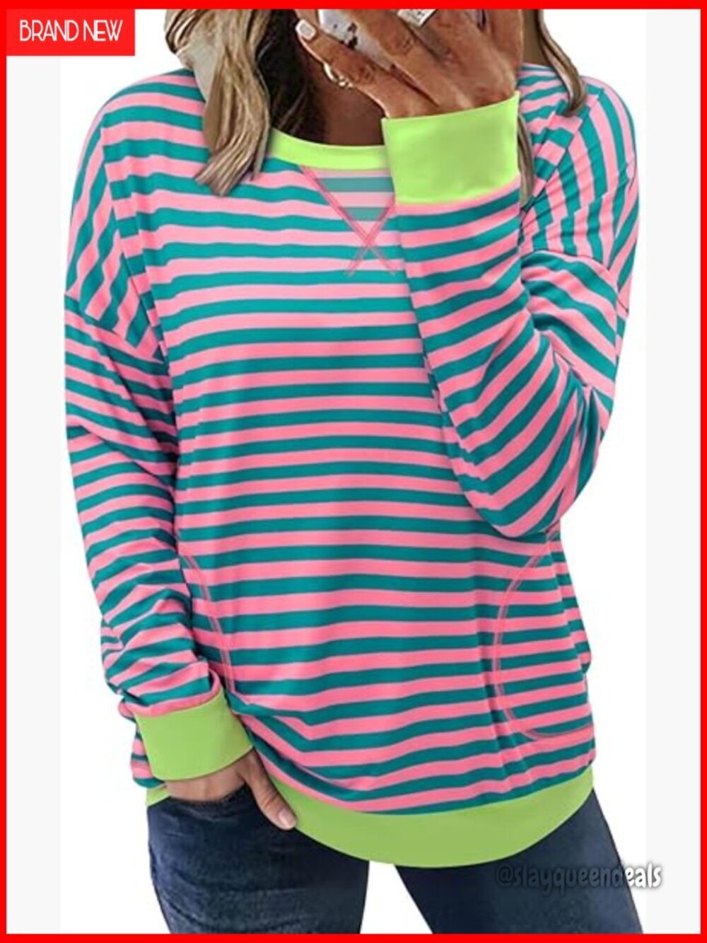Long Sleeve Striped Tunic Top with Side Pockets, Loose Fit